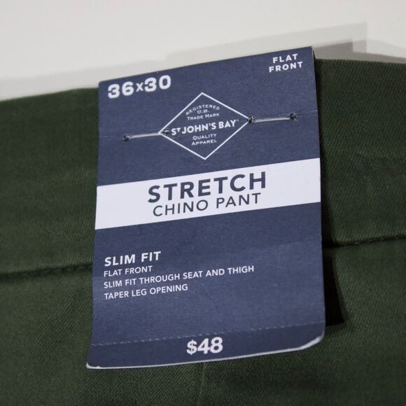 NWT St. John's Bay Stretch Chino Slim Fit Flat Front Pant Army Green Men 36x30 - Picture 10 of 11